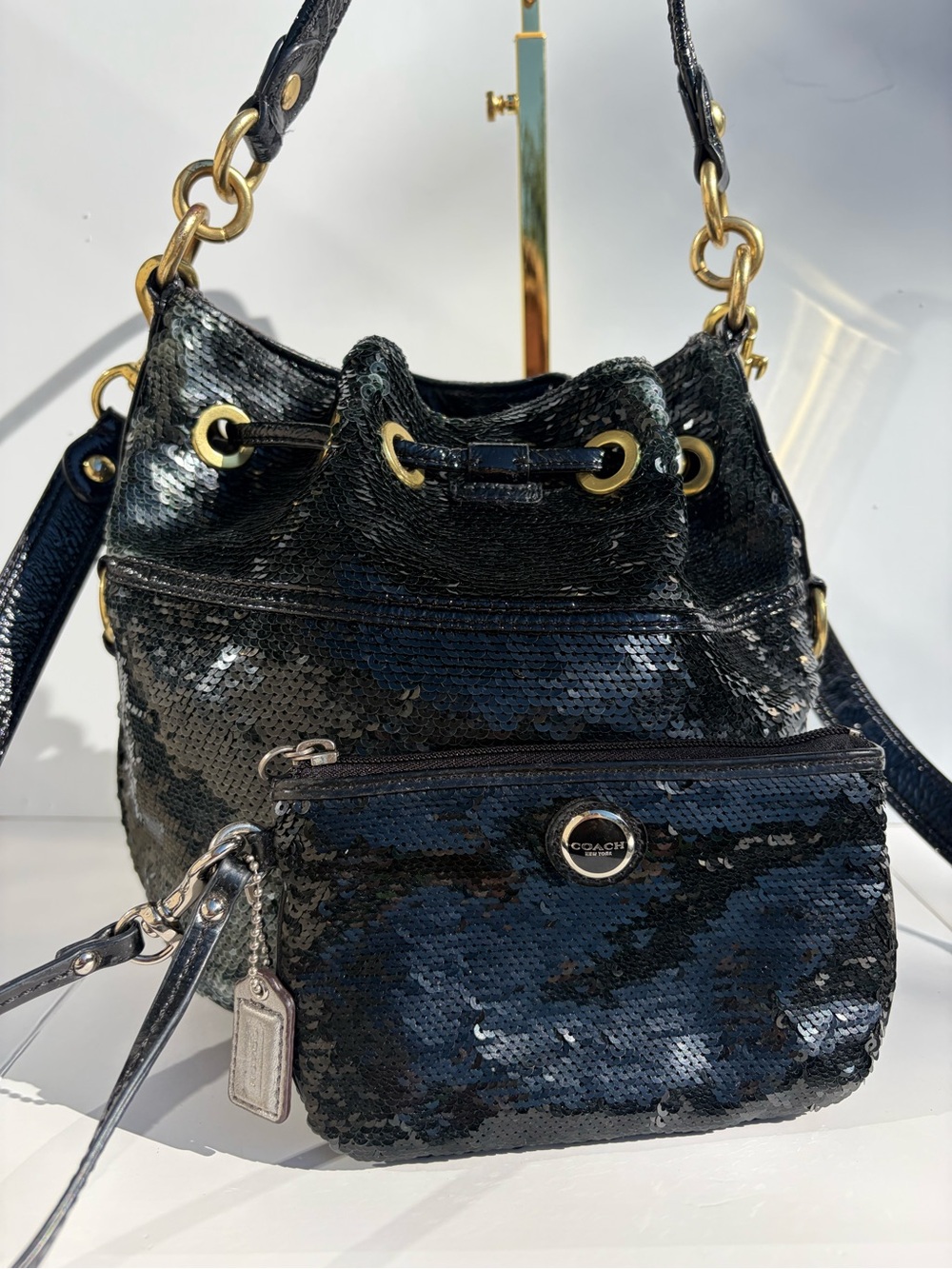 Coach Poppy Black Sequin Drawstring Cinch Bag and Matching Sequin Wristlet Pouch